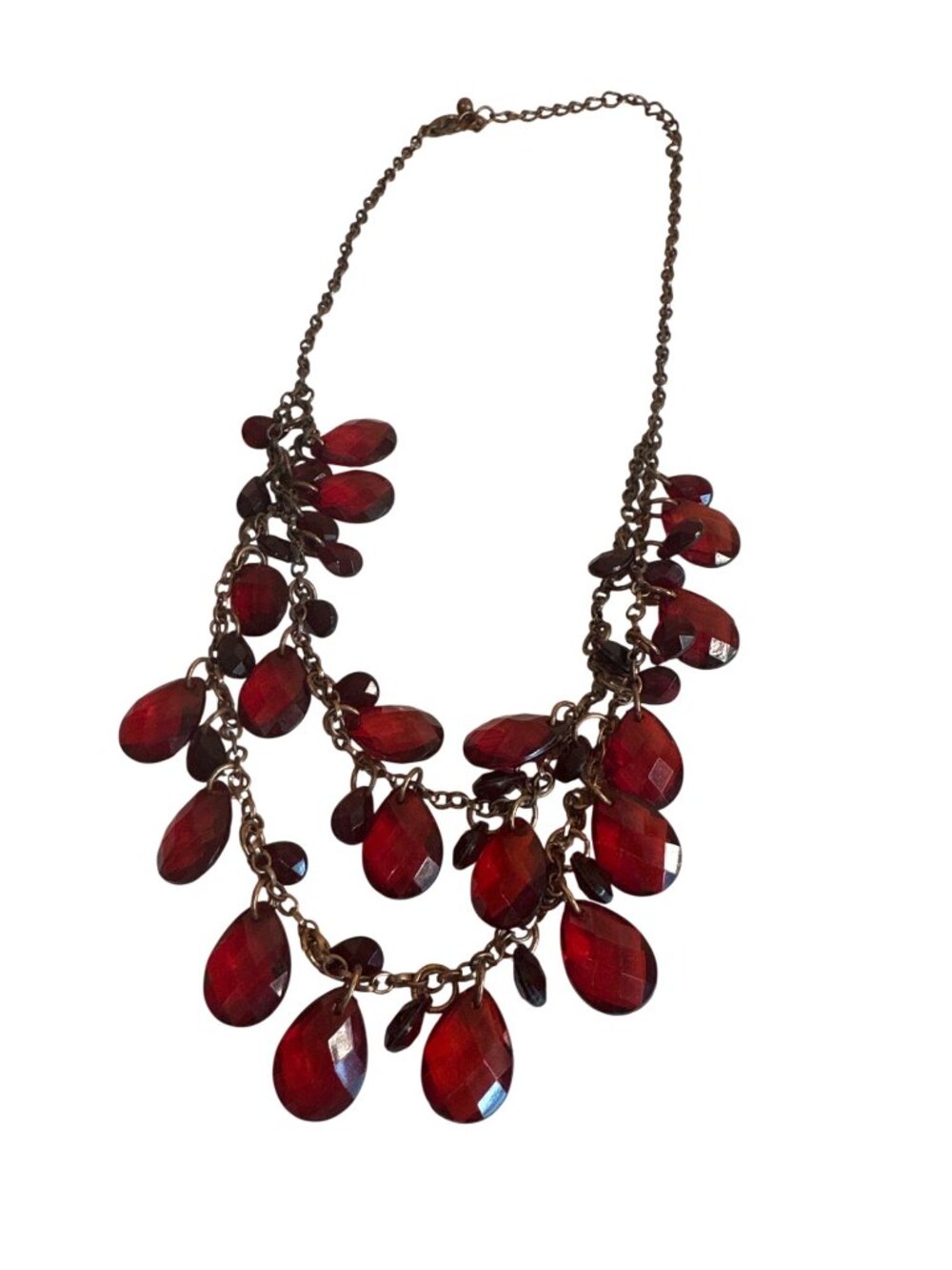 Red Faceted Teardrop Beaded Statement Necklace Bronze-Tone Chain Dangle Y2K